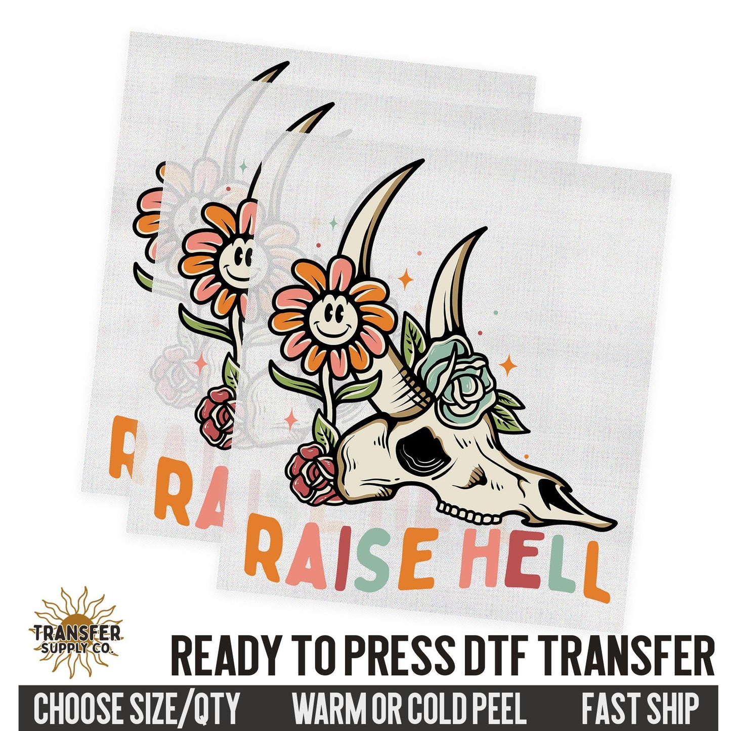 Raise Hell Cow Skull, Western Dtf Sheet, Western Ready To Press DTF Transfer, Ready To Press DTF Film Transfer, Western DTF Transfer
