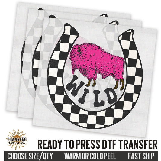 Wild Buffalo Checkered Horse Shoe, Wild West Western, Ready To Press DTF Transfers, Ready To Press DTF Film Transfers, Western DTF Transfers