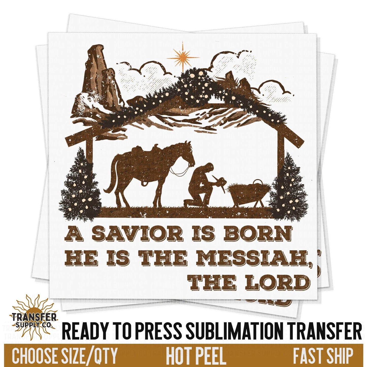 Christmas Praying Cowboy Over Manger Jesus Religious, Ready To Press Sublimation Transfer, Ready To Press Transfers, Sublimation Prints