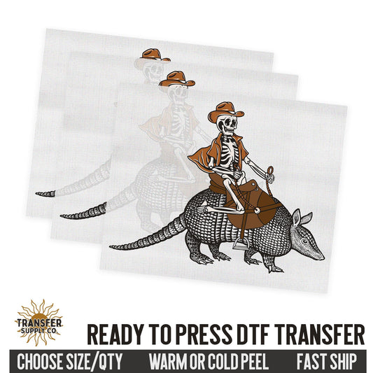 Skeleton Cowboy riding Armadillo, Western Ready To Press DTF Transfer, Dtf Transfer Print, Printed Dtf Transfer, Dtf Film Transfer