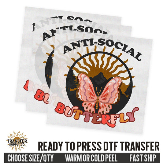 Anti Social Butterfly, Retro Ready To Press DTF Transfer, Dtf Transfer Print, Printed Dtf Transfer, Transfer Ready To Press
