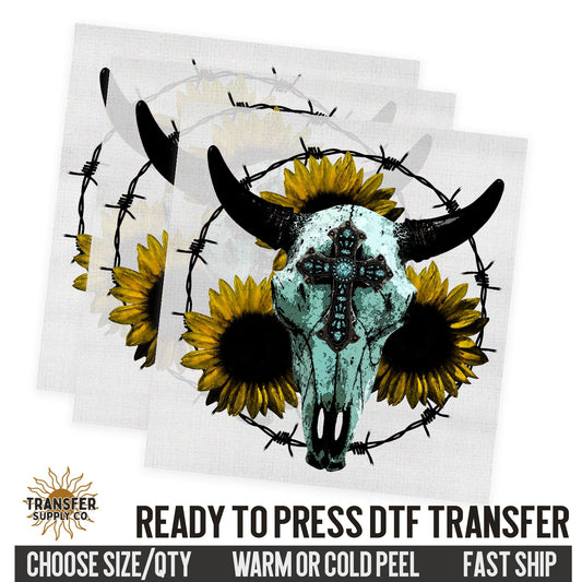 Sunflower Cow Skull, Western Dtf Sheet, Western Ready To Press DTF Transfer, Ready To Press DTF Film Transfer, Western DTF Transfer